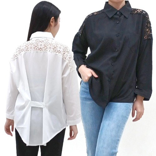 feminine lace see-through blouse shirt black, white long-sleeved back accentuating blouse